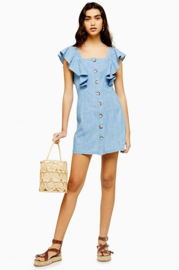 Topshop Ruffle Sleeve Horn Button Mini Dress in mid stone