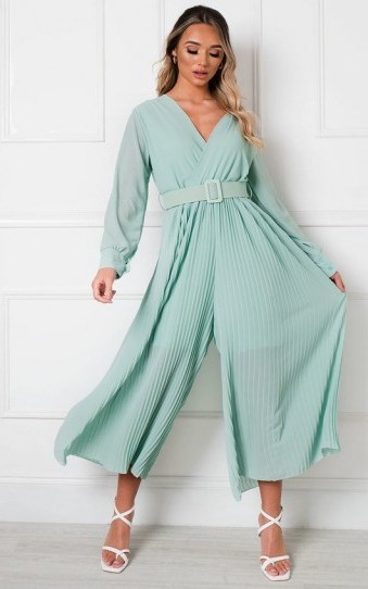 Ikrush Sara Belted Pleated Jumpsuit in Mint – green wide leg jumpsuits - flipped