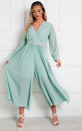 Ikrush Sara Belted Pleated Jumpsuit in Mint – green wide leg jumpsuits