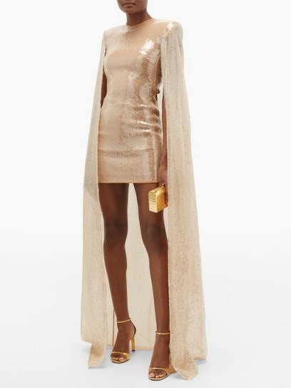 DAVID KOMA Sequinned caped mini dress in beige gold ~ high-octane event wear ~ glamour - flipped
