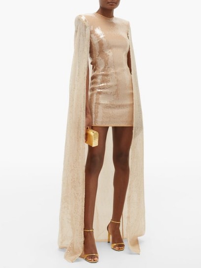 DAVID KOMA Sequinned caped mini dress in beige gold ~ high-octane event wear ~ glamour