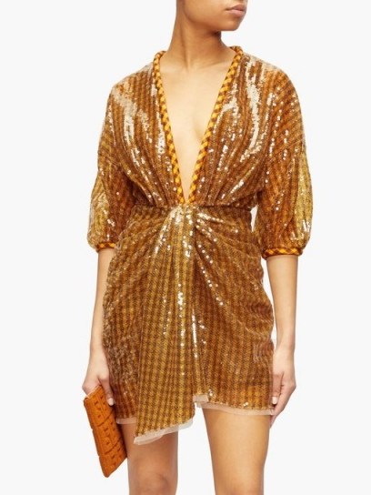 FENDI Sequinned plunge-neck mini dress in brown ~ event glamour - flipped