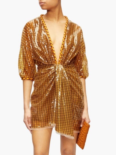 FENDI Sequinned plunge-neck mini dress in brown ~ event glamour