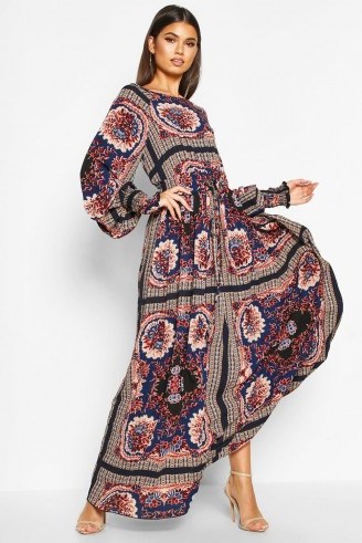 70s Style – Shirred Waist Scarf Print Maxi Dress – boohoo - flipped