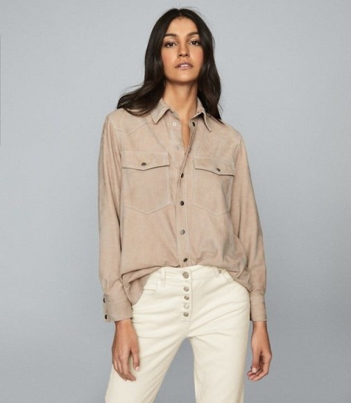REISS SIA SUEDE SHIRT SOFT PINK ~ casual luxe shirts - flipped