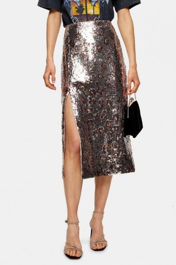 Topshop Silver Leopard Print Sequin Pencil Skirt | metallic skirts - flipped