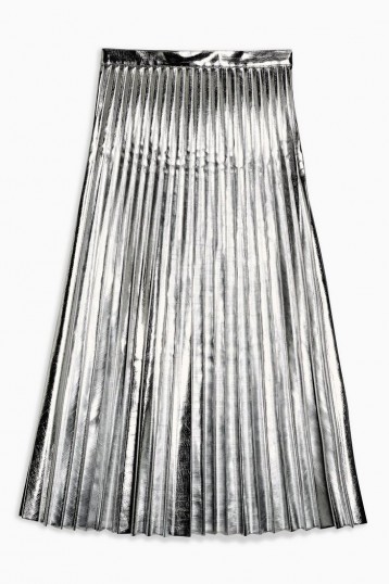 TOPSHOP Silver Metallic PU Pleated Midi Skirt