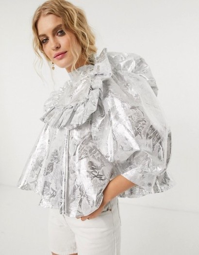 Sister Jane blouse with ruffle bib and balloon sleeves in metallic-silver jacquard - flipped