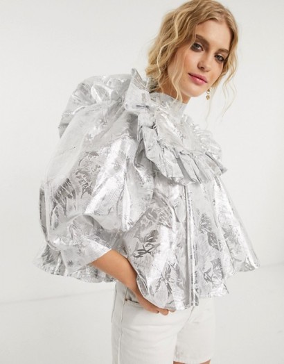 Sister Jane blouse with ruffle bib and balloon sleeves in metallic-silver jacquard