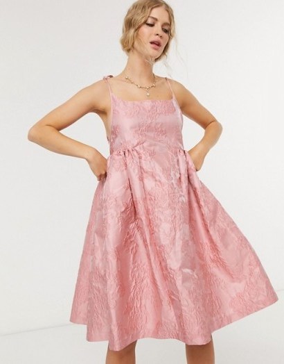 Sister Jane mini prom dress with tie straps in rose jacquard | voluminous pink dresses - flipped