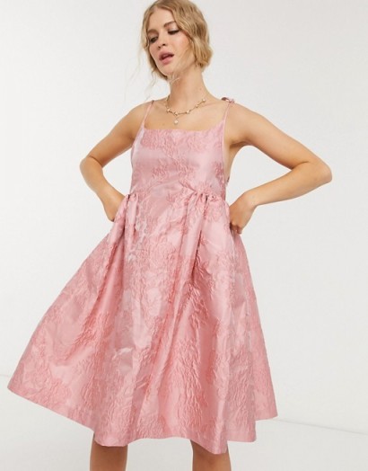 Sister Jane mini prom dress with tie straps in rose jacquard | voluminous pink dresses