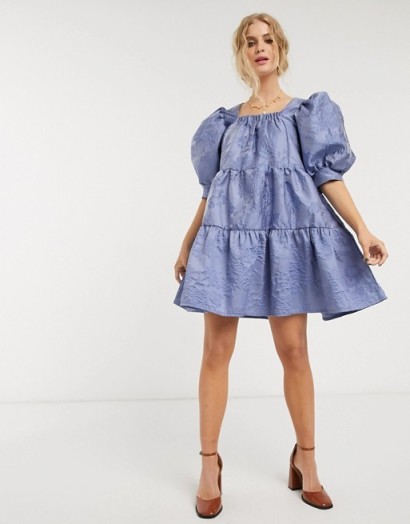 Sister Jane rose jacquard mini smock dress with tiered skirt and puff sleeves in blue