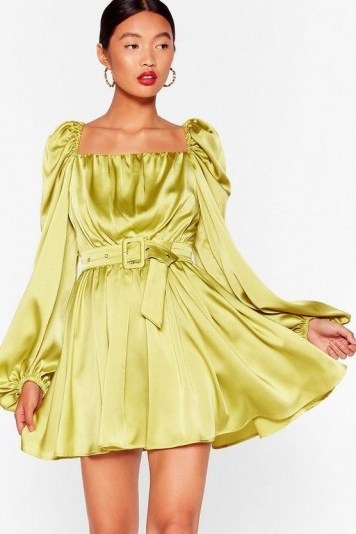 NASTY GAL Sleeve Me Out of It Satin Belted Dress in Lime - flipped