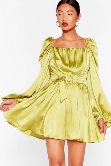 NASTY GAL Sleeve Me Out of It Satin Belted Dress in Lime