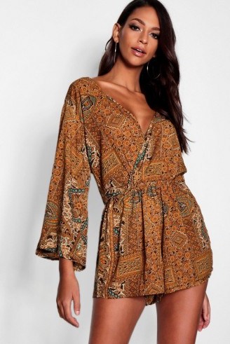 70s inspired women’s clothing – Tall Paisley Print Wrap Playsuit – boohoo - flipped