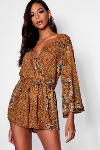 70s inspired women’s clothing – Tall Paisley Print Wrap Playsuit – boohoo