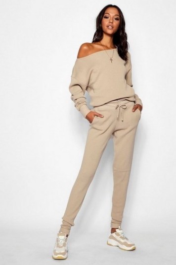boohoo Tall Slash Neck Knitted Lounge Set in Stone - flipped