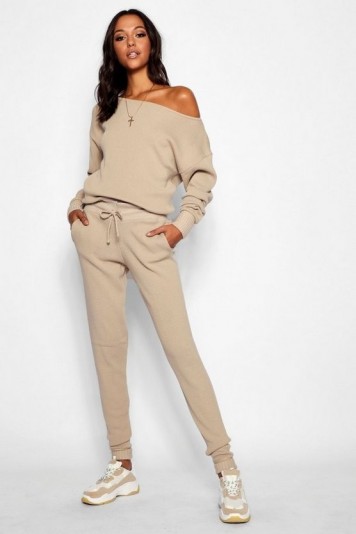 boohoo Tall Slash Neck Knitted Lounge Set in Stone