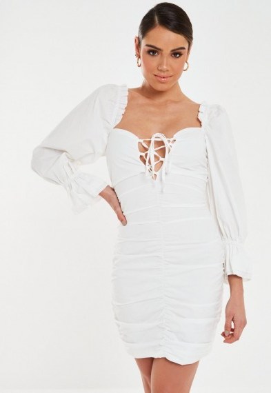 Missguided tall white poplin lace up puff sleeve mini dress - flipped