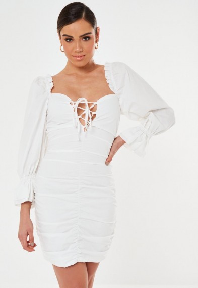 Missguided tall white poplin lace up puff sleeve mini dress