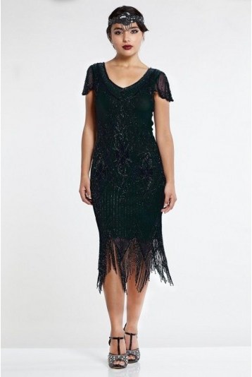 Gatsby Flapper Dresses – Rock My Vintage Teal and Black Fringed Flapper Dress in Black - flipped