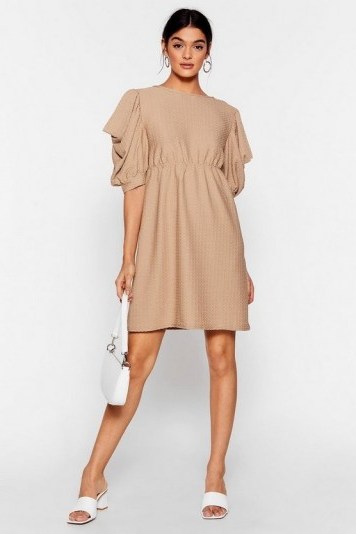 NASTY GAL Texture From You Ex Puff Sleeve Mini Dress in Camel - flipped