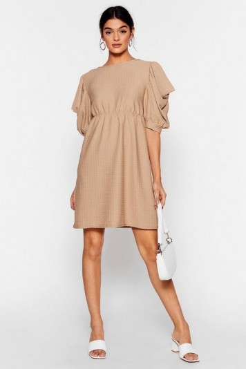 NASTY GAL Texture From You Ex Puff Sleeve Mini Dress in Camel