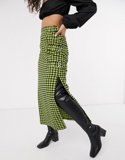 The Ragged Priest midi skirt with chain in lime check - flipped