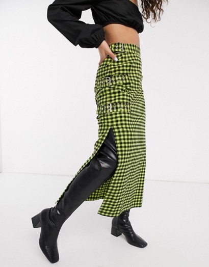 The Ragged Priest midi skirt with chain in lime check
