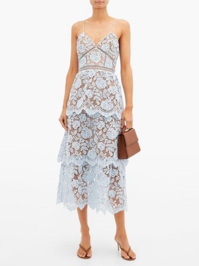SELF-PORTRAIT Tiered floral-lace midi dress in light blue - flipped