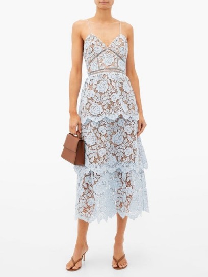 SELF-PORTRAIT Tiered floral-lace midi dress in light blue