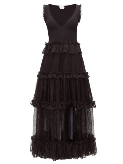 ALEXANDER MCQUEEN Tiered ribbed-knit dress in black