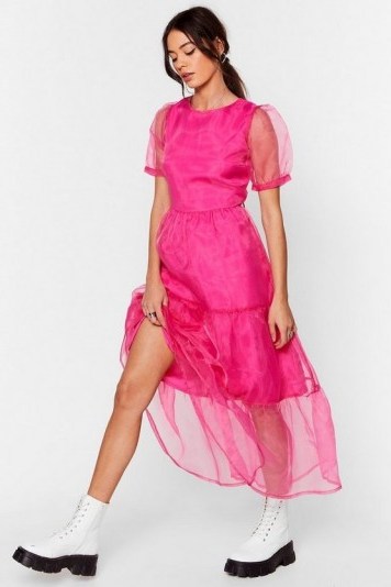 NASTY GAL To Tie For Organza Midi Dress in Hot Pink ~ semi sheer dresses - flipped