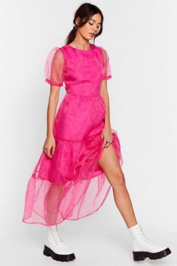 NASTY GAL To Tie For Organza Midi Dress in Hot Pink ~ semi sheer dresses