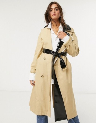 Topshop trench coat with vinyl panels in stone - flipped