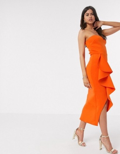True Violet bandeau frill midi dress in orange – strapless ruffle detail dresses - flipped