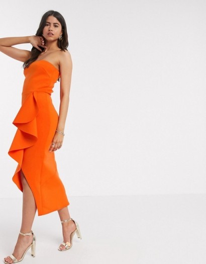 True Violet bandeau frill midi dress in orange – strapless ruffle detail dresses