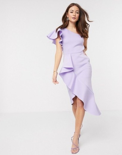 True Violet one shoulder ruffle midi dress in lilac – statement ruffles - flipped