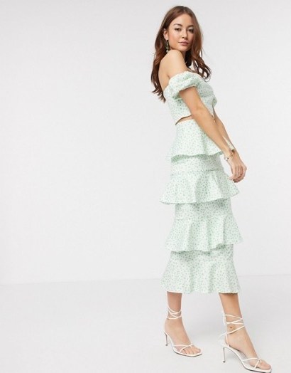 True Violet tiered ruffle midi skirt co ord in green fleck print – pretty occasion outfit - flipped