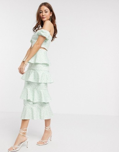 True Violet tiered ruffle midi skirt co ord in green fleck print – pretty occasion outfit