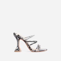 EGO Vanity Square Toe Strappy Pyramid Heel Mule In Grey Snake Print Faux Leather
