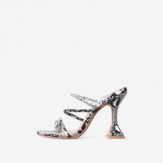 EGO Vanity Square Toe Strappy Pyramid Heel Mule In Grey Snake Print Faux Leather - flipped