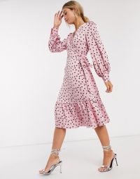 Vero Moda wrap midi dress with ruffle hem in pink polka dot