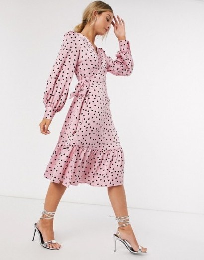 Vero Moda wrap midi dress with ruffle hem in pink polka dot - flipped