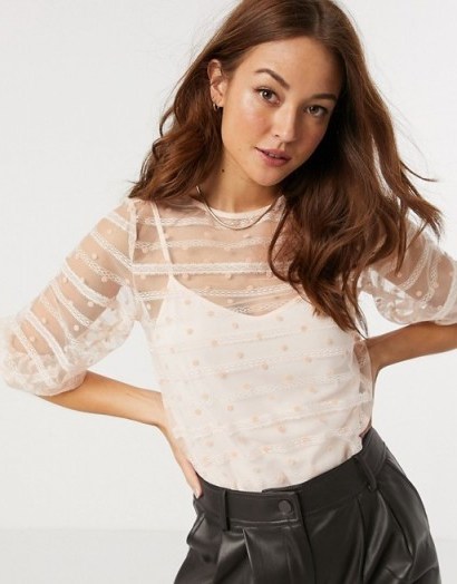 Vila sheer lace top in pink - flipped