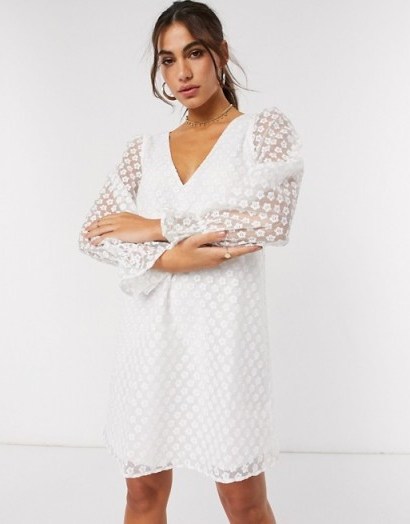 Vila v neck mini dress in white daisy print ~ sheer overlay dresses - flipped