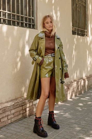 NASTY GAL Vinyl Countdown Belted Trench Coat in Olive