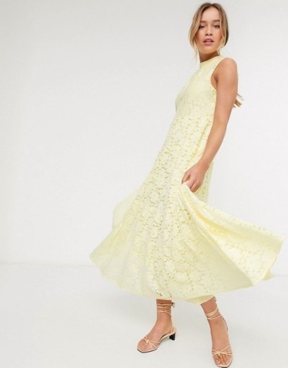 Warehouse sleeveless lace swing maxi dress in yellow - flipped