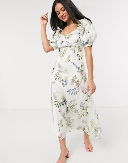 We Are Kindred eloise floral midi tea dress in ecru delphinium / Sweetheart neckline / puff sleeves - flipped