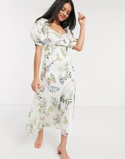 We Are Kindred eloise floral midi tea dress in ecru delphinium / Sweetheart neckline / puff sleeves